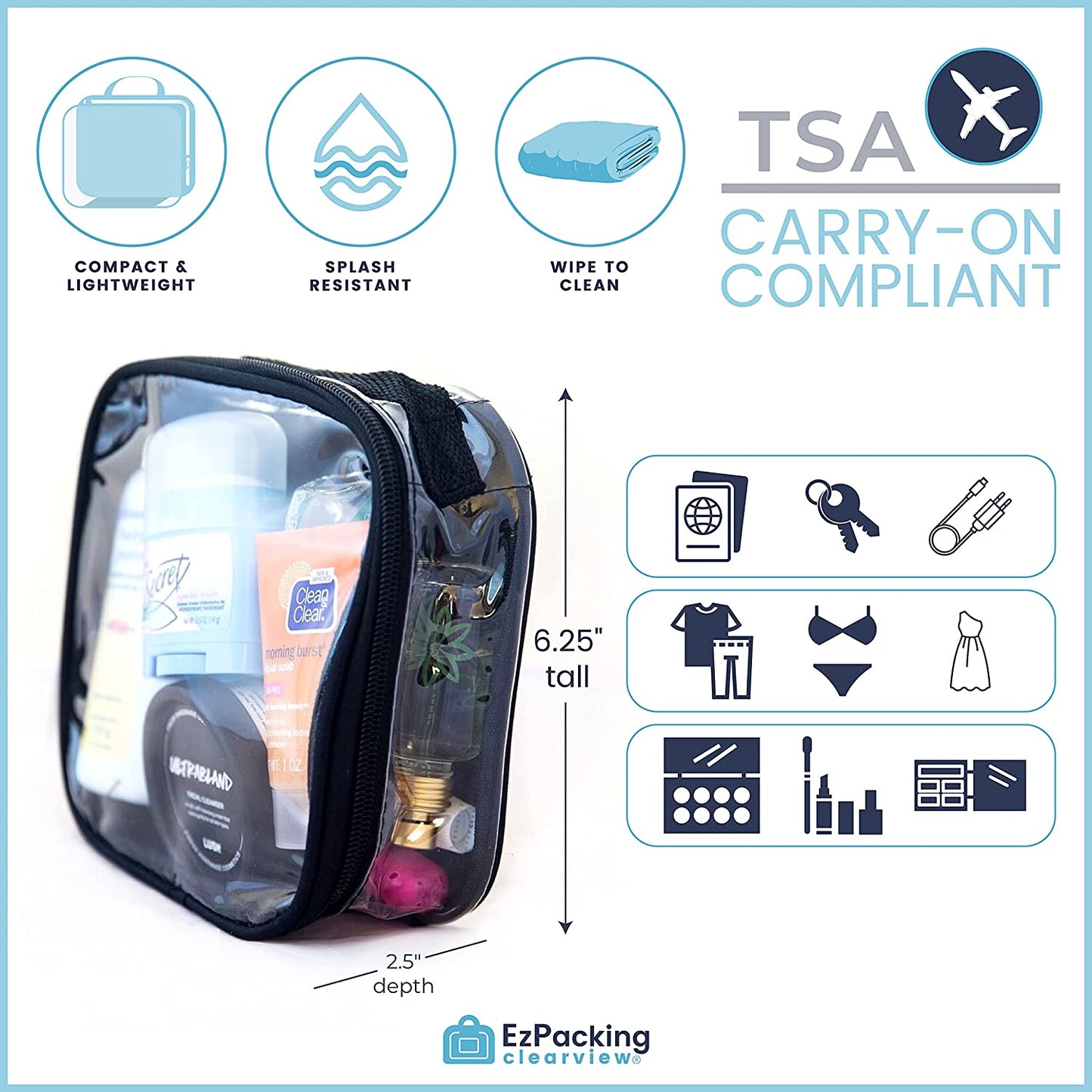 Clear TSA Approved 3-1-1 Travel Toiletry Bag for Carry On/Quart Size Transparent Liquids Pouch for Airport Security/Reusable See through Vinyl & PVC Plastic Organizer Men Women (Pink)