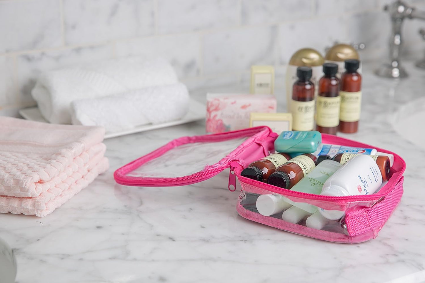 Clear TSA Approved 3-1-1 Travel Toiletry Bag for Carry On/Quart Size Transparent Liquids Pouch for Airport Security/Reusable See through Vinyl & PVC Plastic Organizer Men Women (Pink)