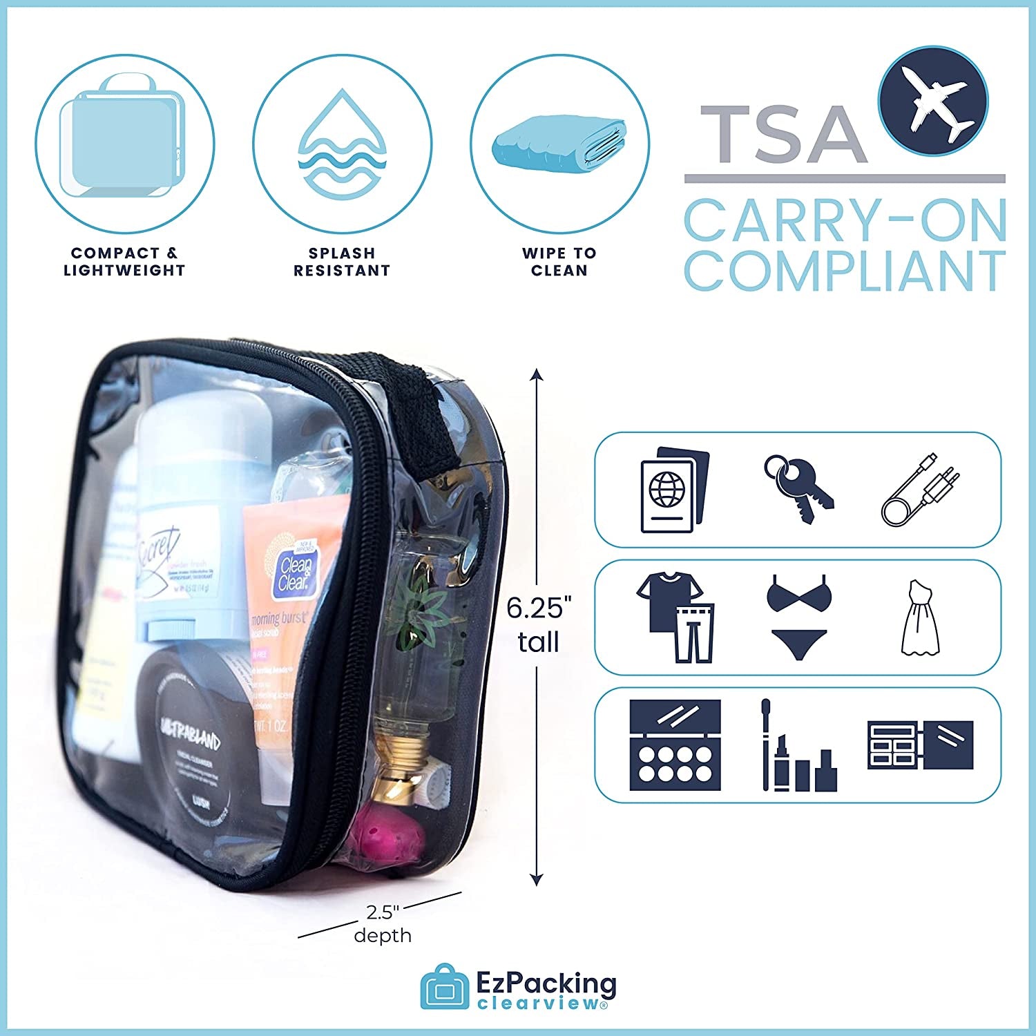 Clear TSA Approved 3-1-1 Travel Toiletry Bag for Carry On/Quart Size Transparent Liquids Pouch for Airport Security/Reusable See through Vinyl & PVC Plastic Organizer Men Women (Pink)