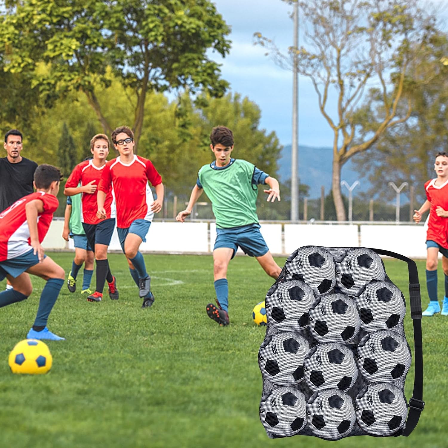 Heavy Duty Football Net Bag (10-12 Balls) Basketball Tennis Bag for Coaches Football Ball Bag Net Extra Large Mesh Drawstring Bag (Bar Strap No Pocket, 2)